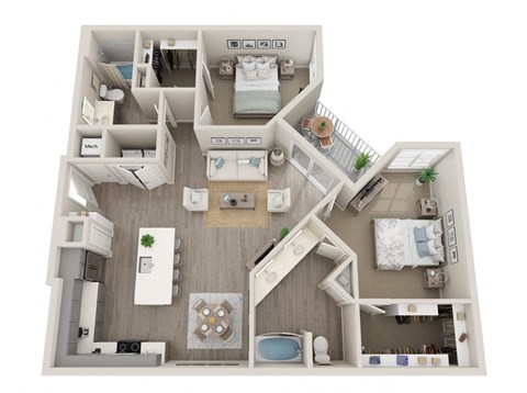 a 2 bedroom floorplan with a bathroom and a living room